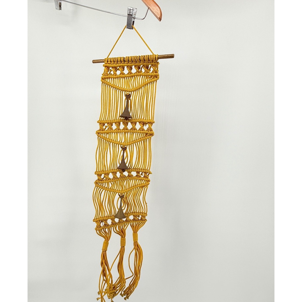 Vintage Macrame Wall Hanging Bell Chimes Mustard Yellow Boho Decor 31 in